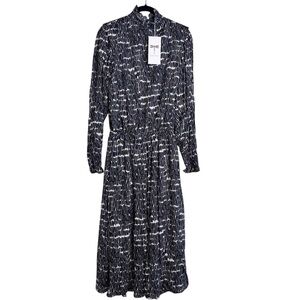 TYLER BOE NWT Long Sleeve Ruffle Neckline Midi Dress Size Small in Black Multi